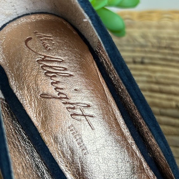 Miss Albright Suede Heels Pumps Navy Rhinestone Leather 6 Minnie Anthro Jewel - Picture 4 of 8